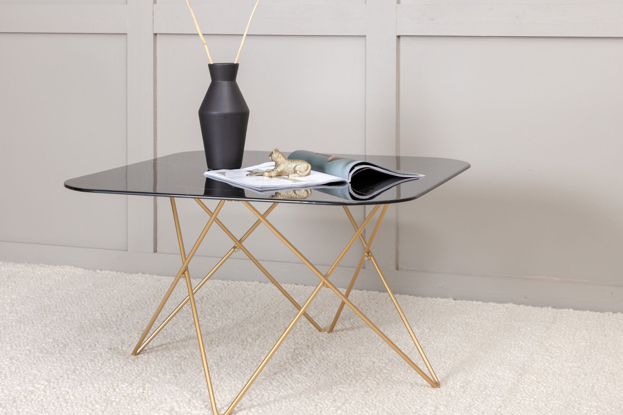 Venture Home Tristar Coffee Table - Brushed Brass / Black glass Marble - vivahabitat.com