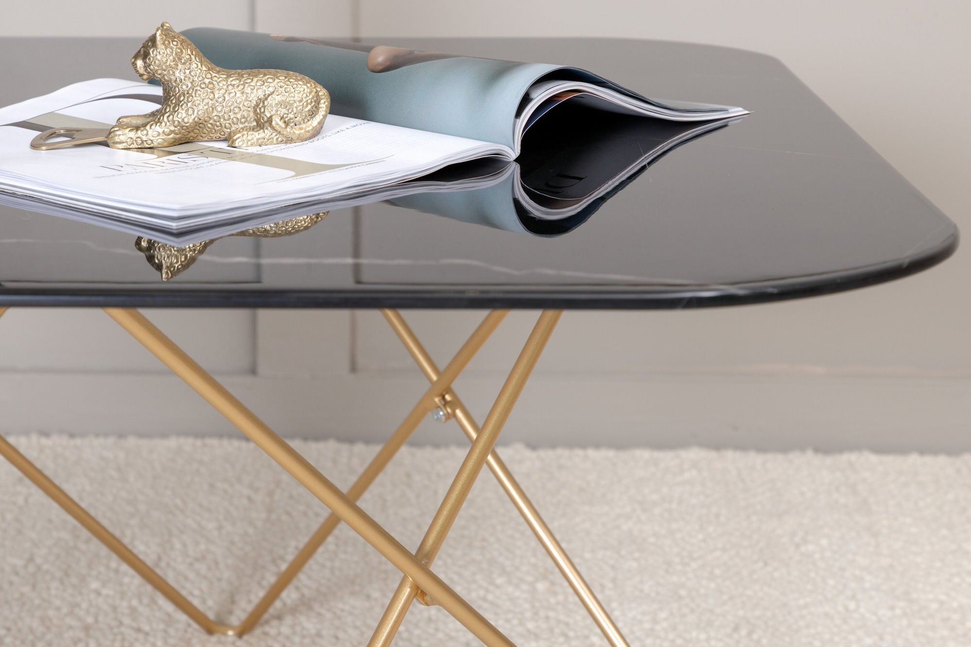 Venture Home Tristar Coffee Table - Brushed Brass / Black glass Marble - vivahabitat.com