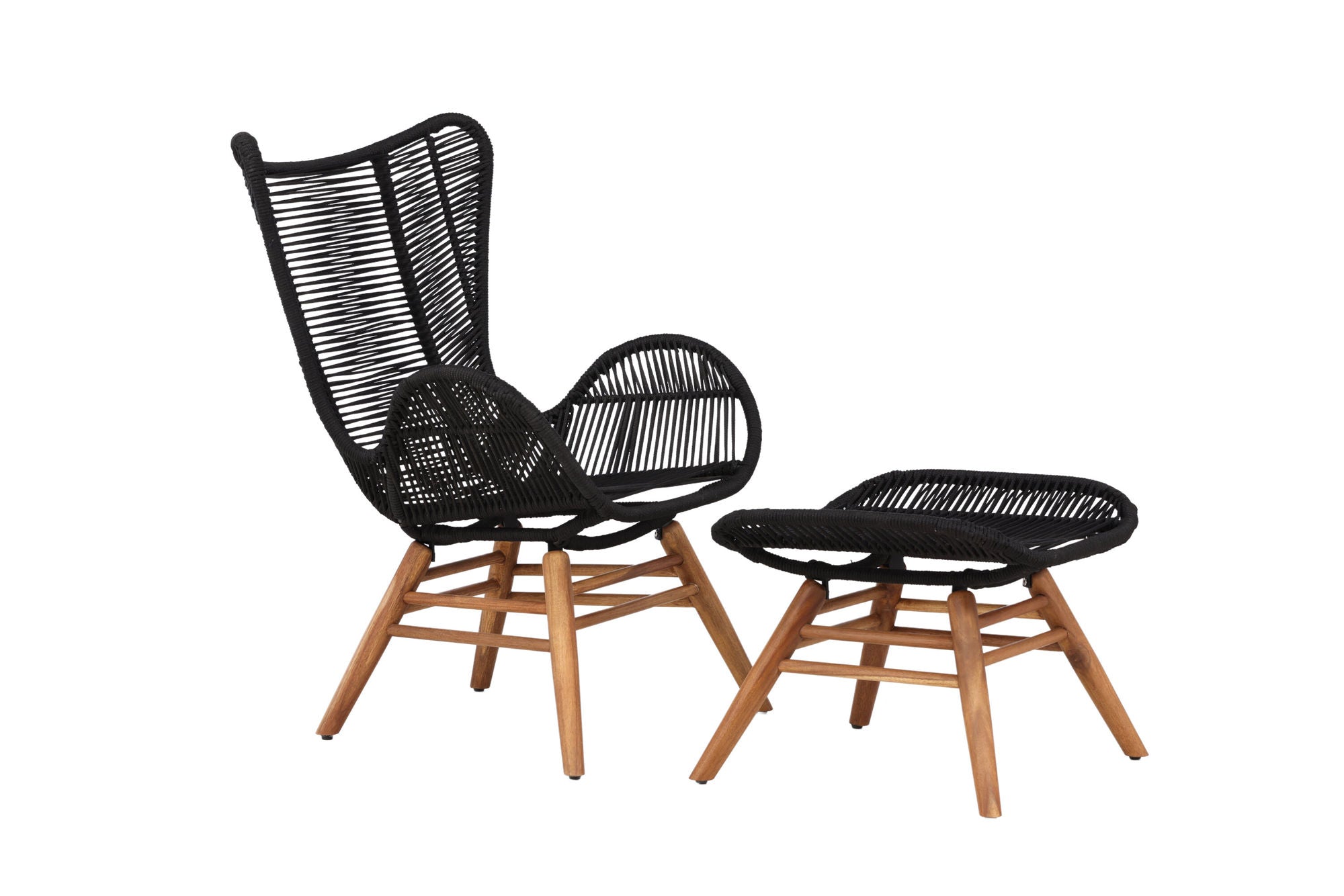 Venture Home Tingeling Lounge Chair inc. Stool - Black Rope / Acacia - vivahabitat.com