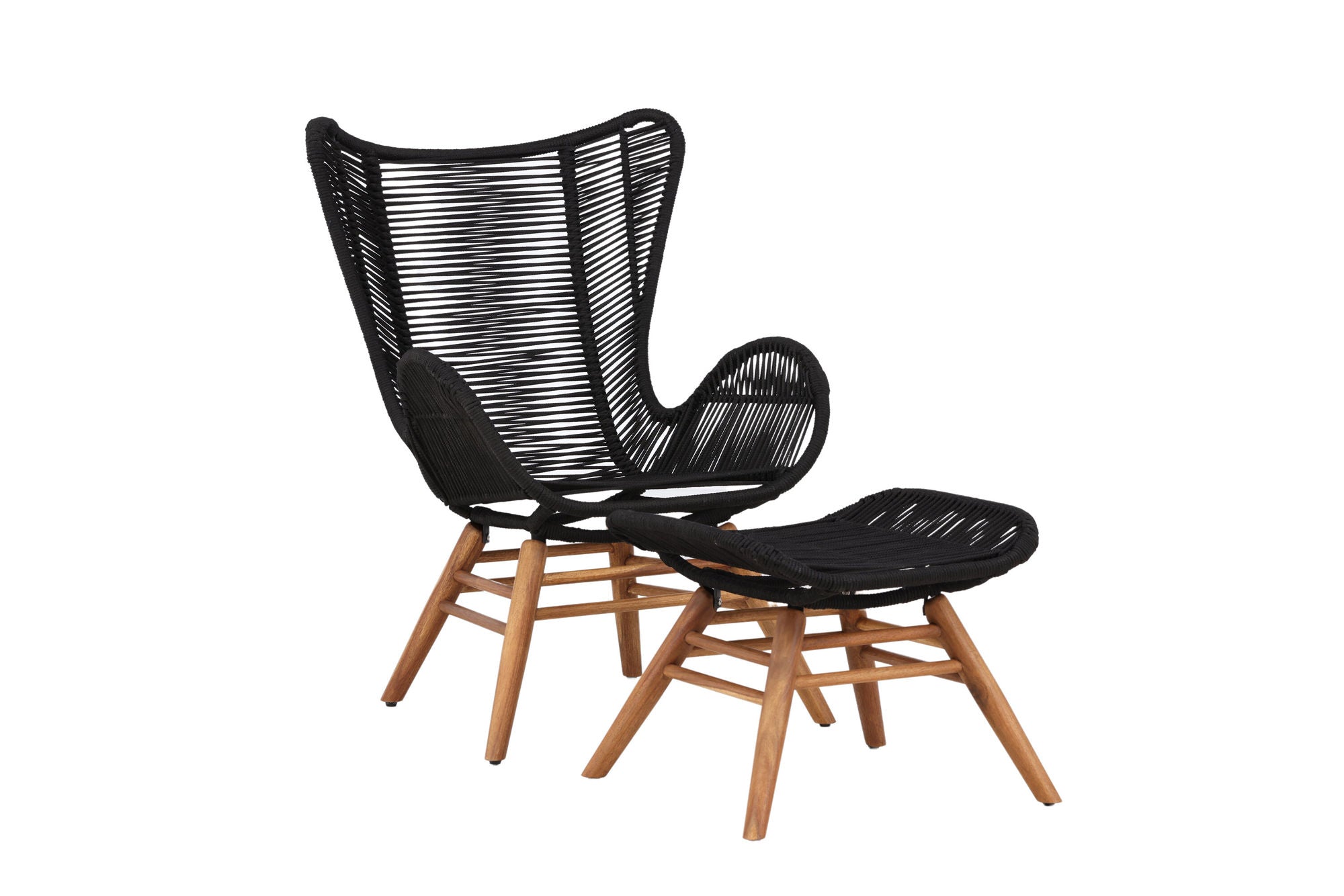 Venture Home Tingeling Lounge Chair inc. Stool - Black Rope / Acacia - vivahabitat.com