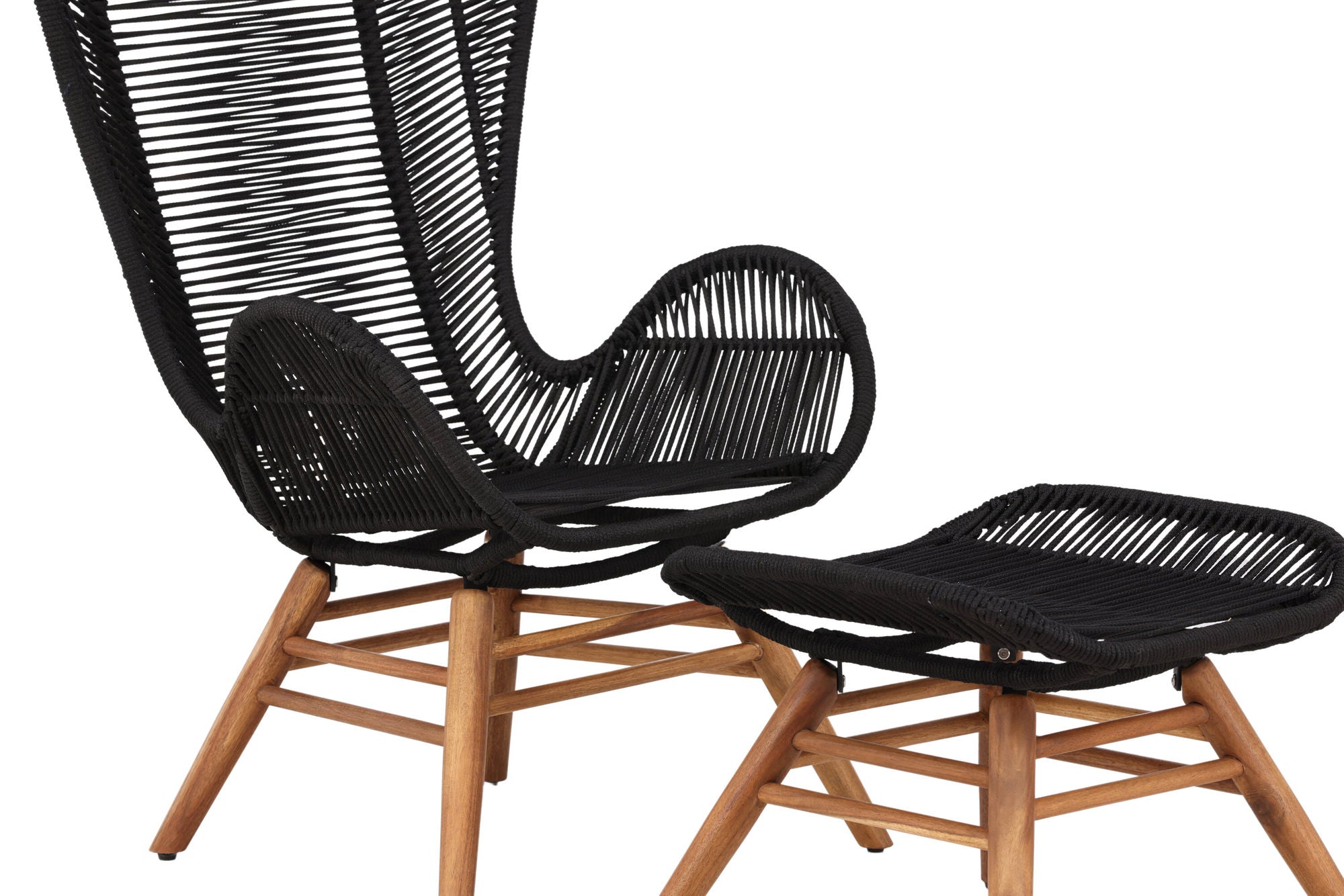 Venture Home Tingeling Lounge Chair inc. Stool - Black Rope / Acacia - vivahabitat.com