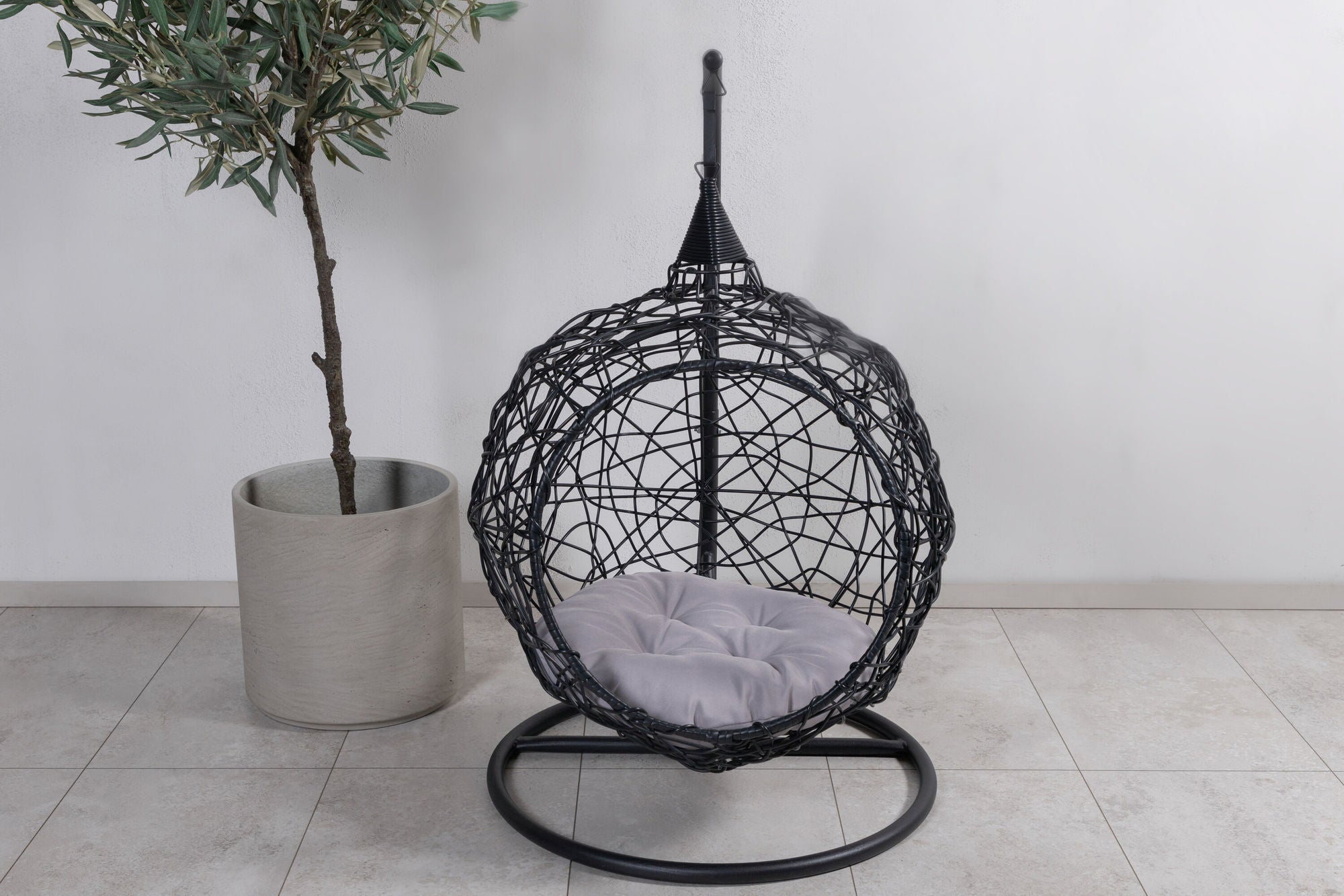 Venture Home Lexi Hanging chair- Black frame/black wicker/grey cushion - vivahabitat.com