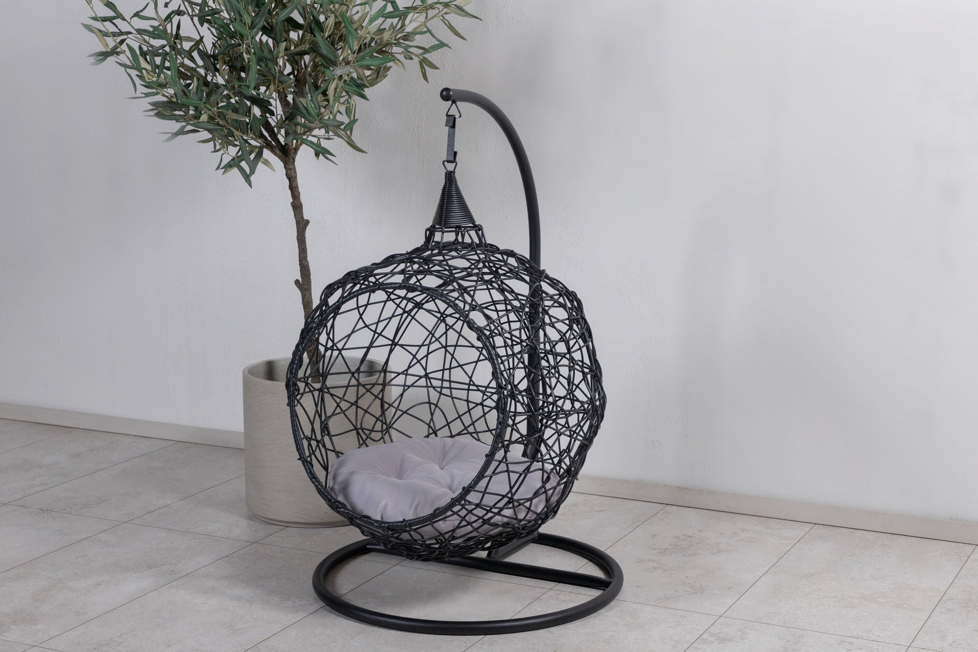 Venture Home Lexi Hanging chair- Black frame/black wicker/grey cushion - vivahabitat.com