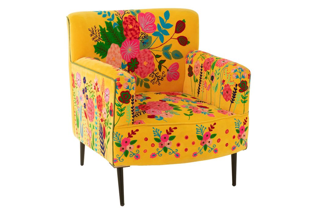 Armchair Flowers Embroidery Velvet Yellow - vivahabitat.com