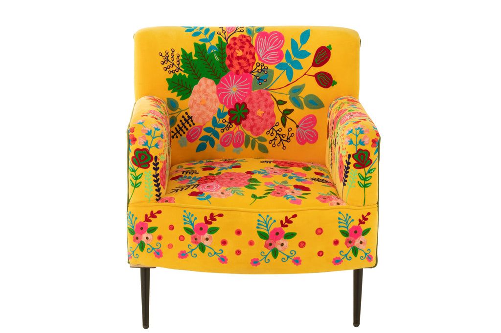 Armchair Flowers Embroidery Velvet Yellow - vivahabitat.com