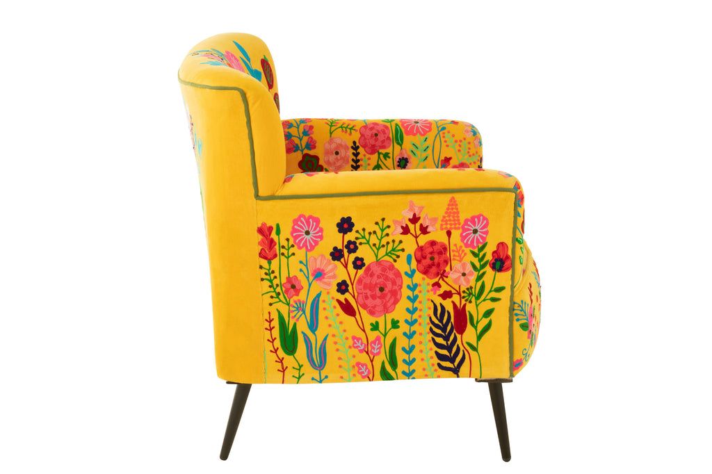 Armchair Flowers Embroidery Velvet Yellow - vivahabitat.com