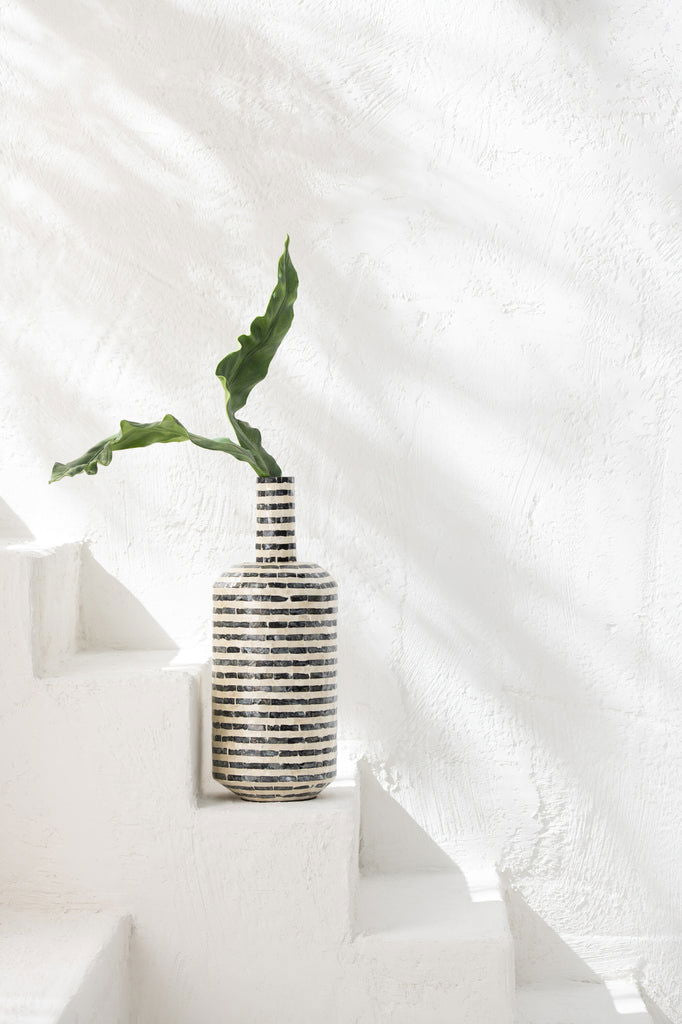 Vase Bottle Striped Shell/Bamboo Black And White - vivahabitat.com