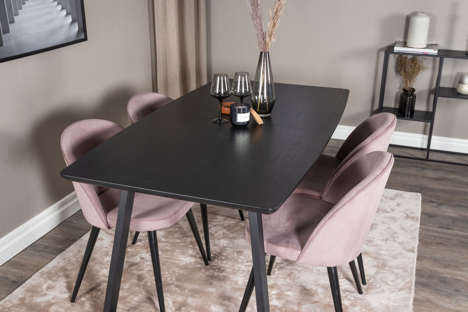 Venture Home Inca Extentiontable - Black top / black Legs+Velvet Dining Chair Corduroy - Pink / Black_4 - vivahabitat.com