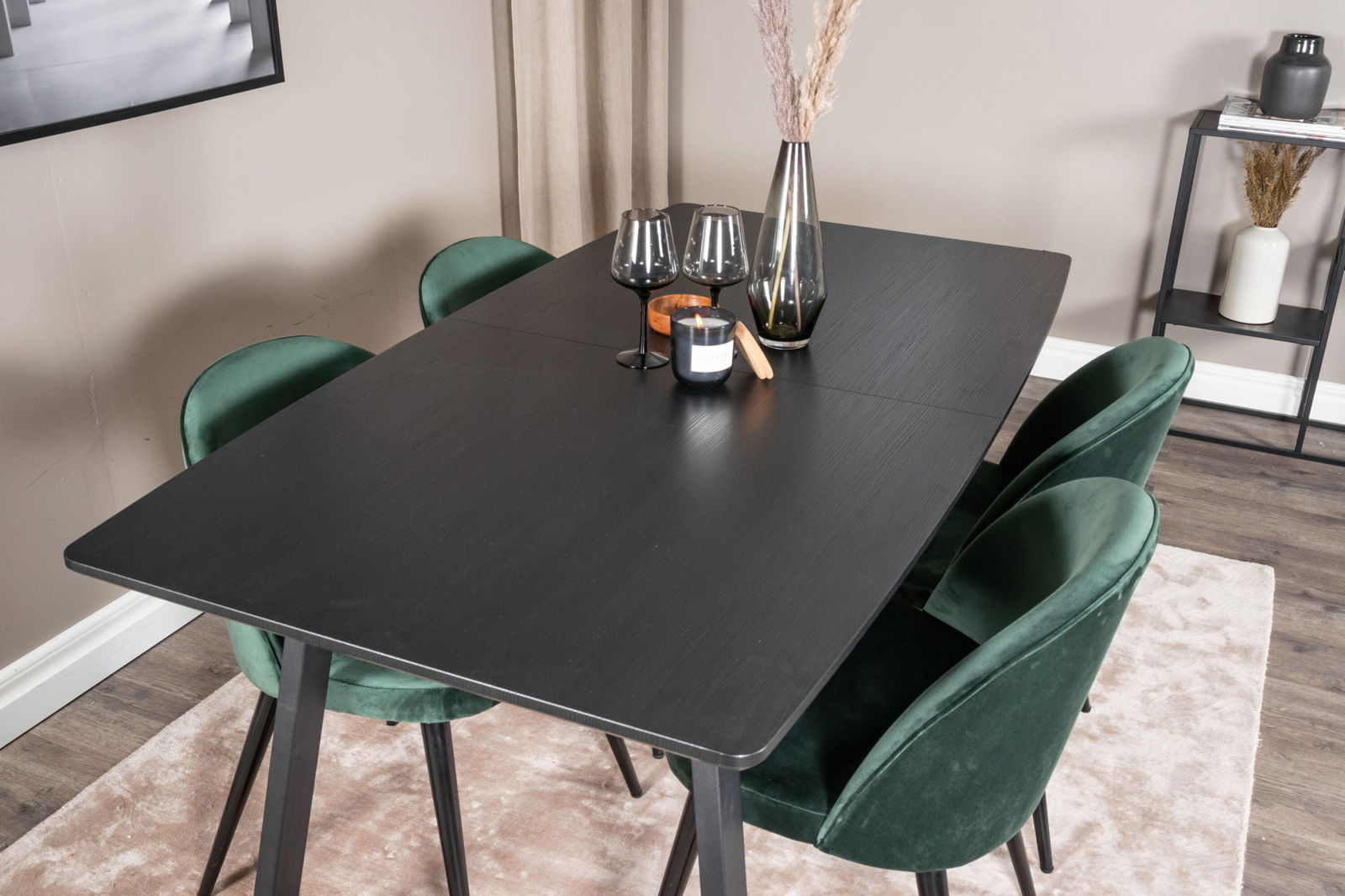 Venture Home Inca Extentiontable - Black top / black Legs+Velvet Dining Chair - Green / Black_4 - vivahabitat.com