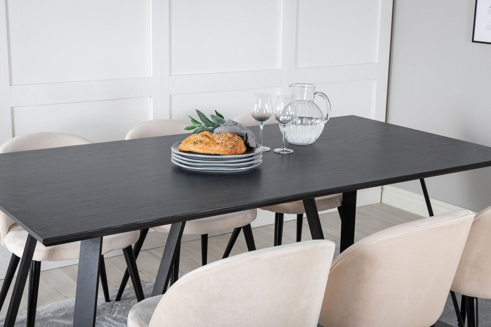 Venture Home Marina Dining Table - Black top / Black Legs +Velvet Dining Chair - Beige / Black_6 - vivahabitat.com