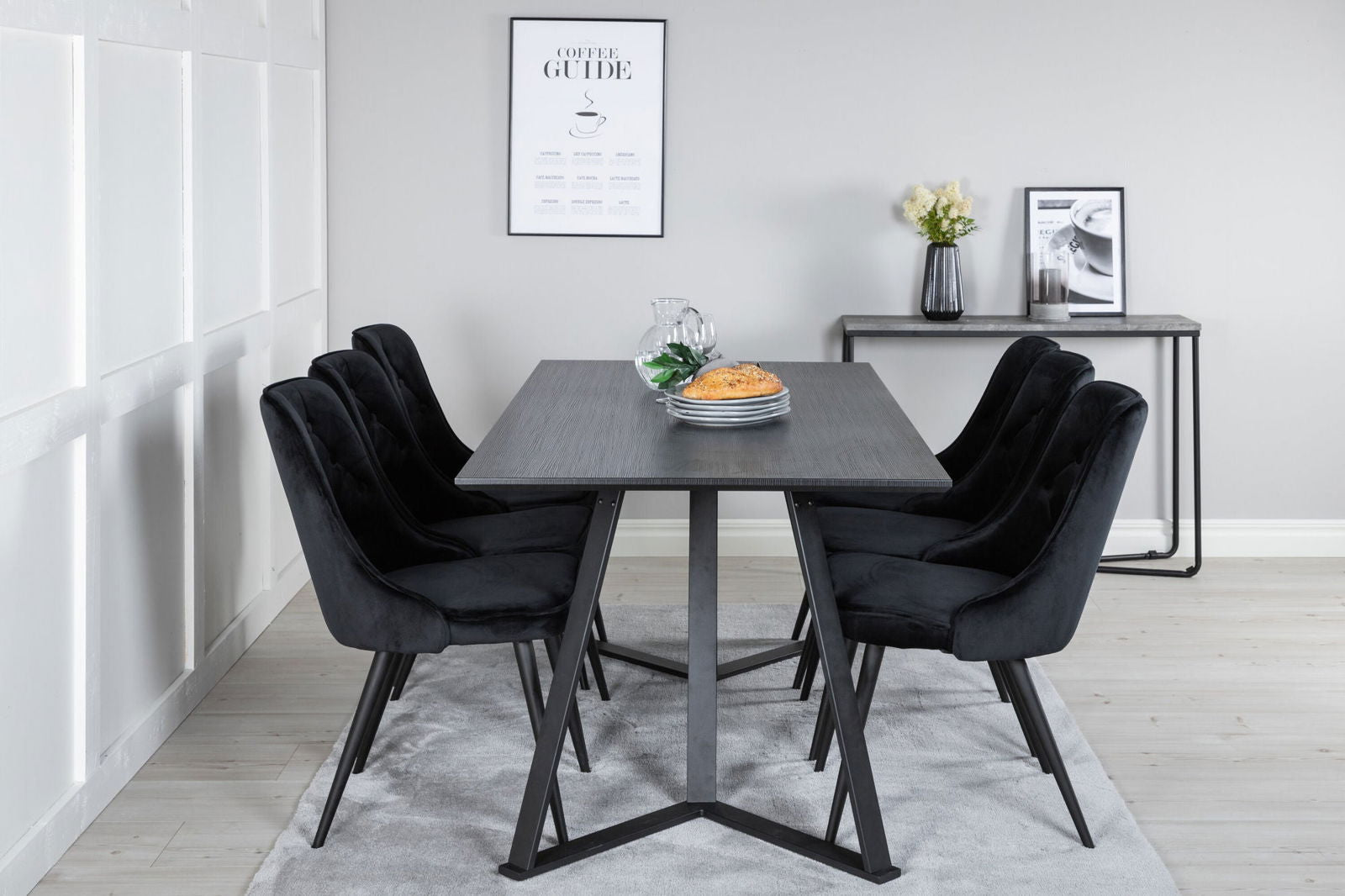 Venture Home Marina Dining Table - Black top / Black Legs +Velvet Deluxe Dining Chair - Black / Black_6 - vivahabitat.com