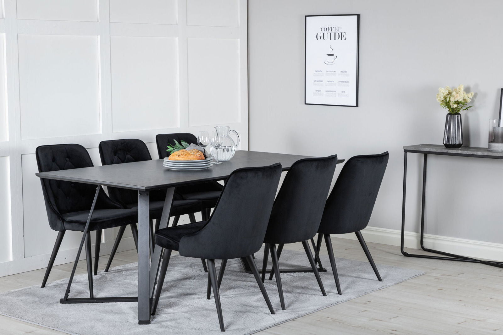 Venture Home Marina Dining Table - Black top / Black Legs +Velvet Deluxe Dining Chair - Black / Black_6 - vivahabitat.com