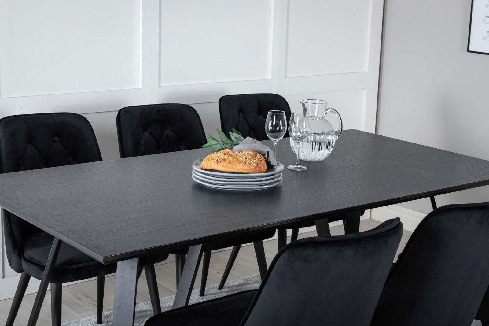 Venture Home Marina Dining Table - Black top / Black Legs +Velvet Deluxe Dining Chair - Black / Black_6 - vivahabitat.com