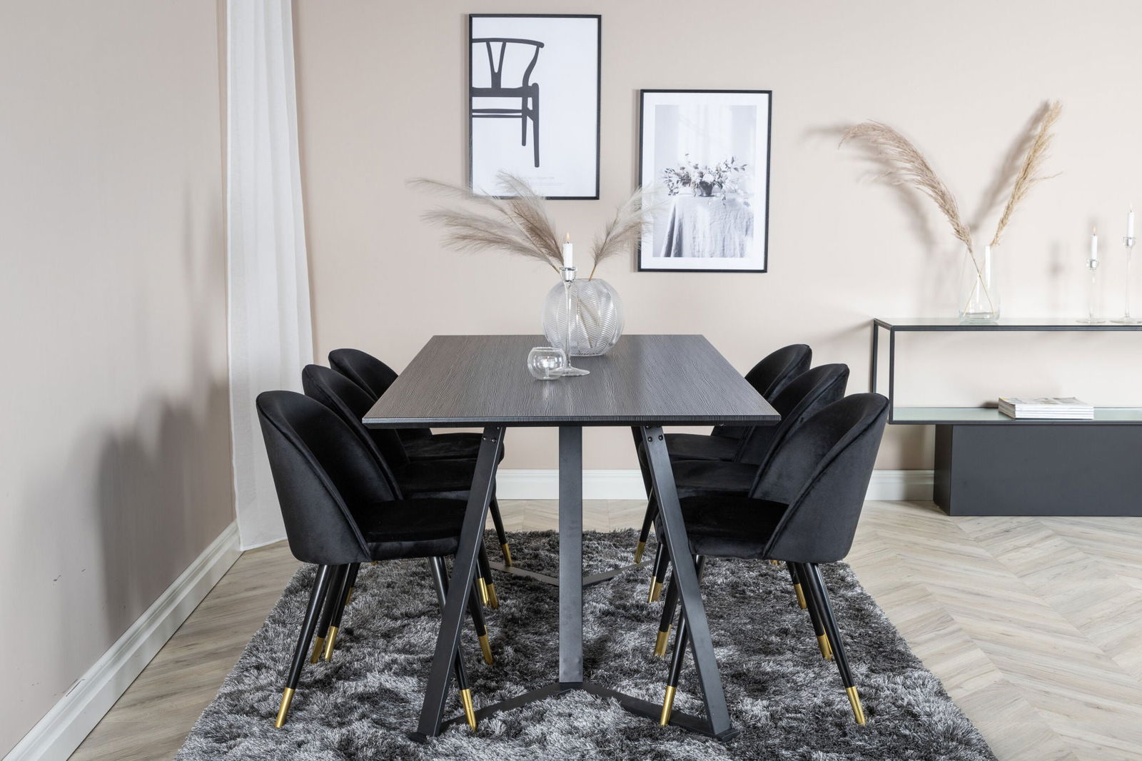 Venture Home Marina Dining Table - Black top / Black Legs +Velvet Dining Chair Brass - Black / Black_6 - vivahabitat.com