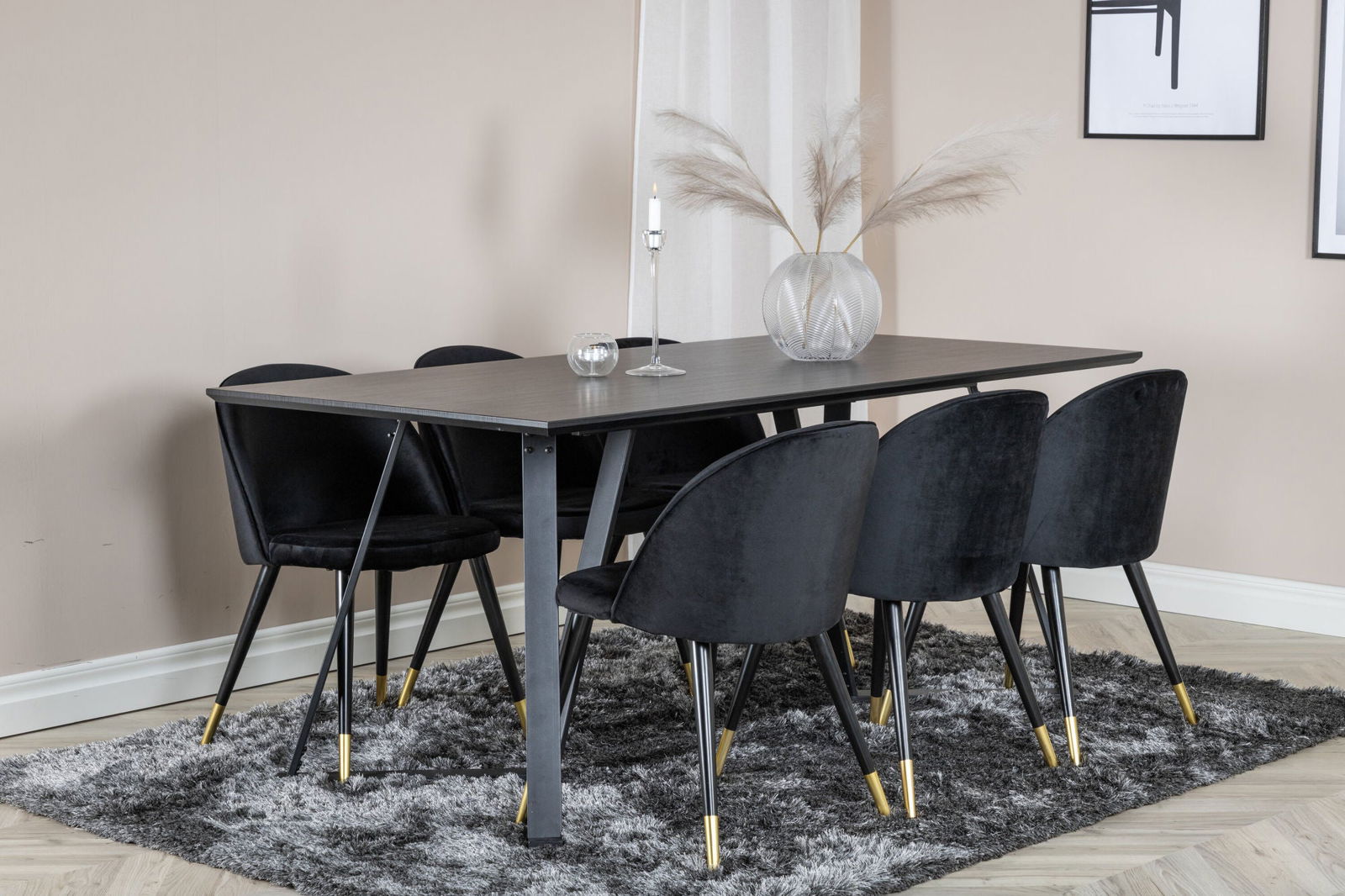 Venture Home Marina Dining Table - Black top / Black Legs +Velvet Dining Chair Brass - Black / Black_6 - vivahabitat.com