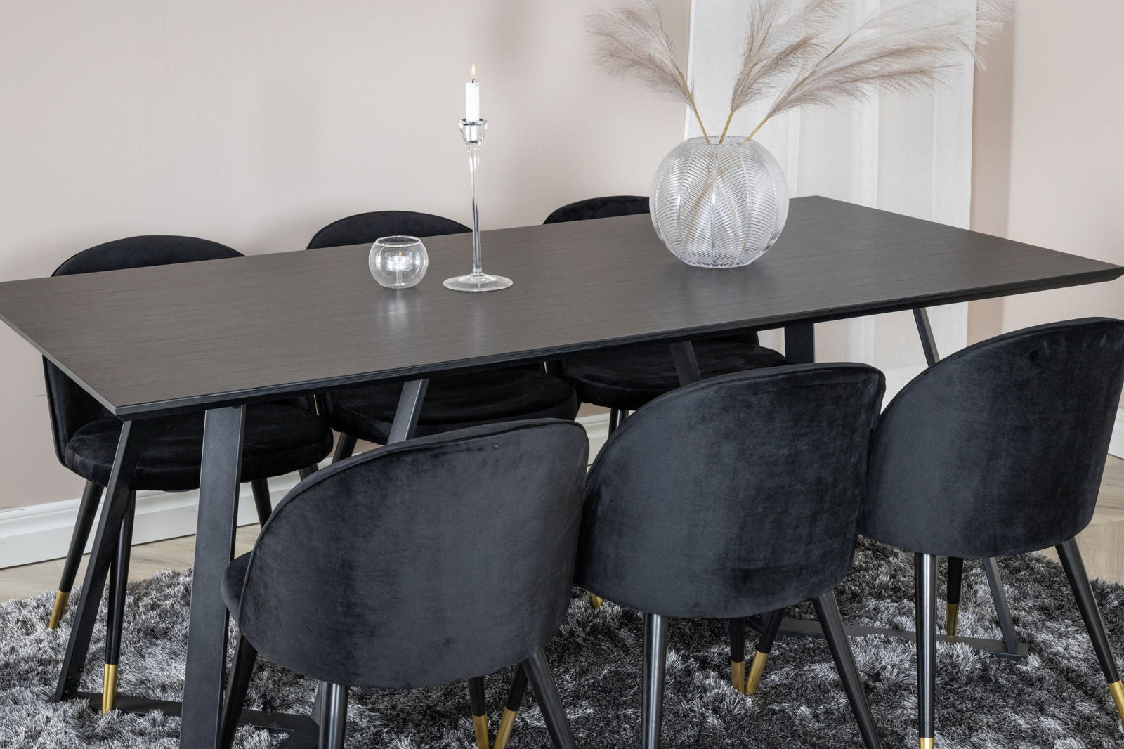 Venture Home Marina Dining Table - Black top / Black Legs +Velvet Dining Chair Brass - Black / Black_6 - vivahabitat.com