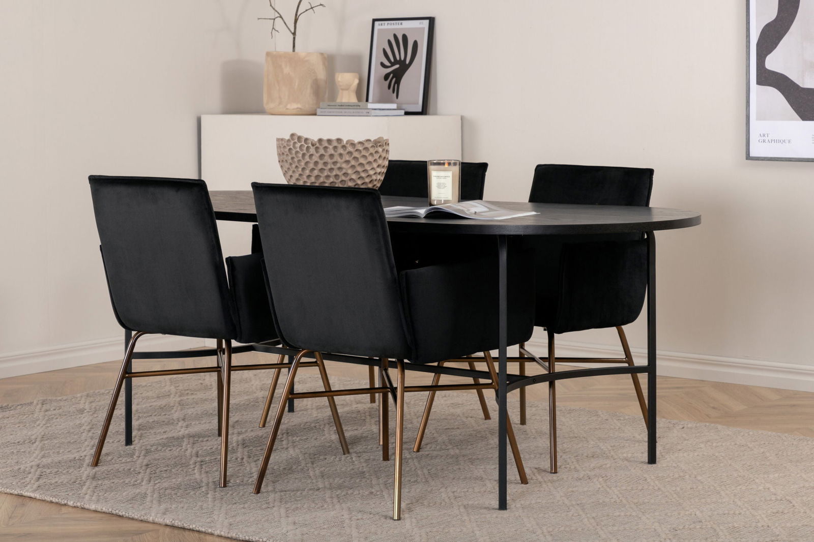 Venture Home Skate Oval Dining Table - Black / Black Veneer+Petra Chair - Distressed Copper / Black Velvet_4 - vivahabitat.com