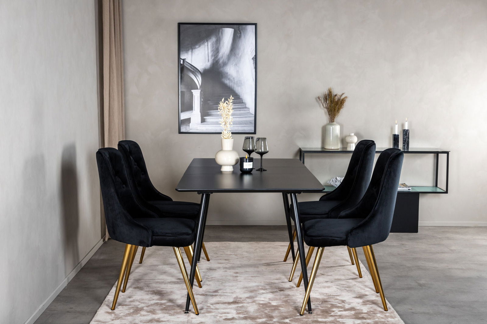 Venture Home Silar Extention Table - Black Melamine / Black Legs+Velvet Deluxe Dining Chair - Black / Brass_4 - vivahabitat.com