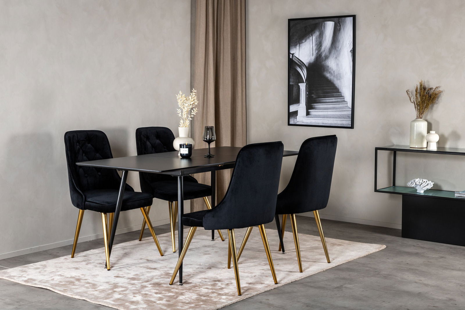 Venture Home Silar Extention Table - Black Melamine / Black Legs+Velvet Deluxe Dining Chair - Black / Brass_4 - vivahabitat.com