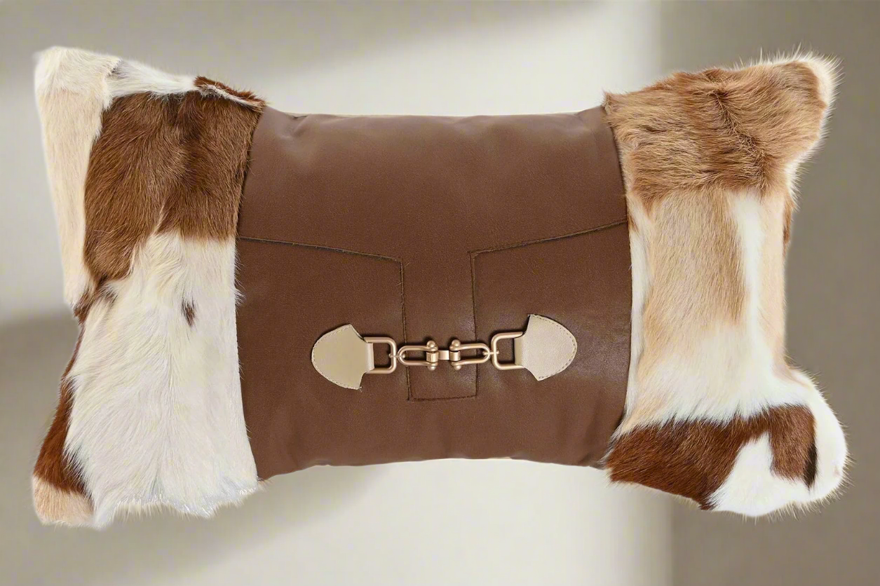 Buckle Cushion Cowhide pattern brown white - vivahabitat.com