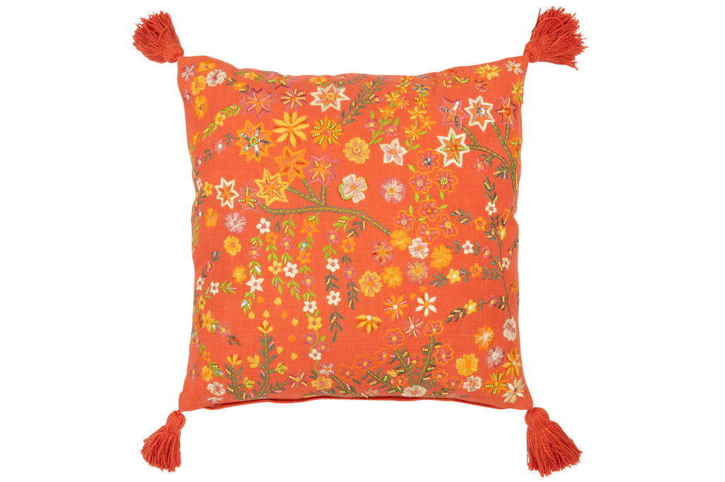 Cushion Square Flowers+Tassels Cotton Orange - vivahabitat.com