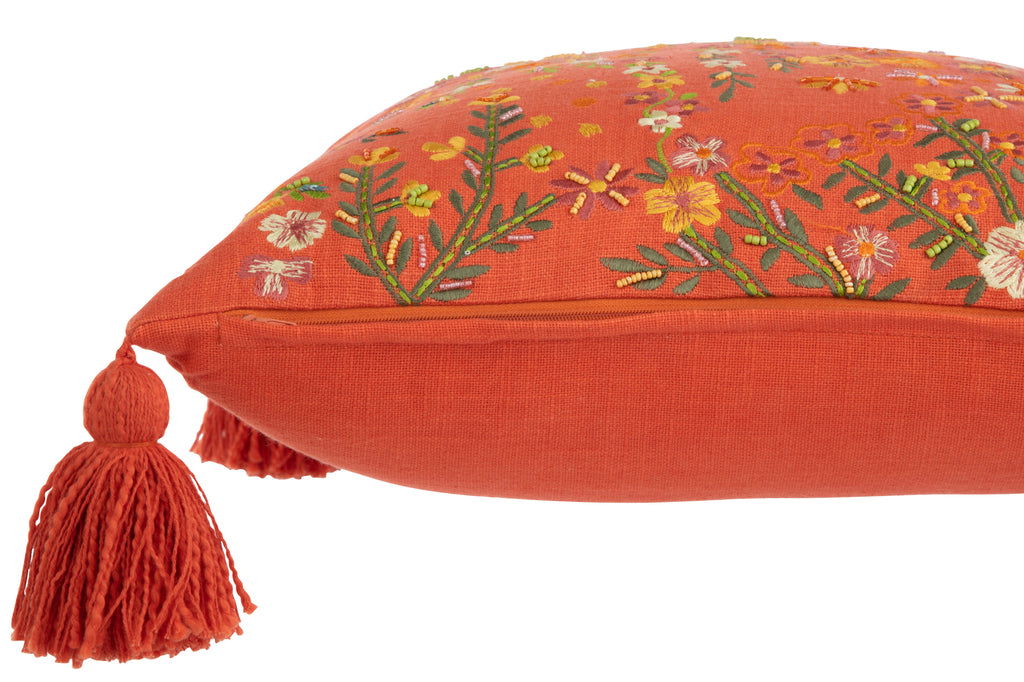 Cushion Square Flowers+Tassels Cotton Orange - vivahabitat.com