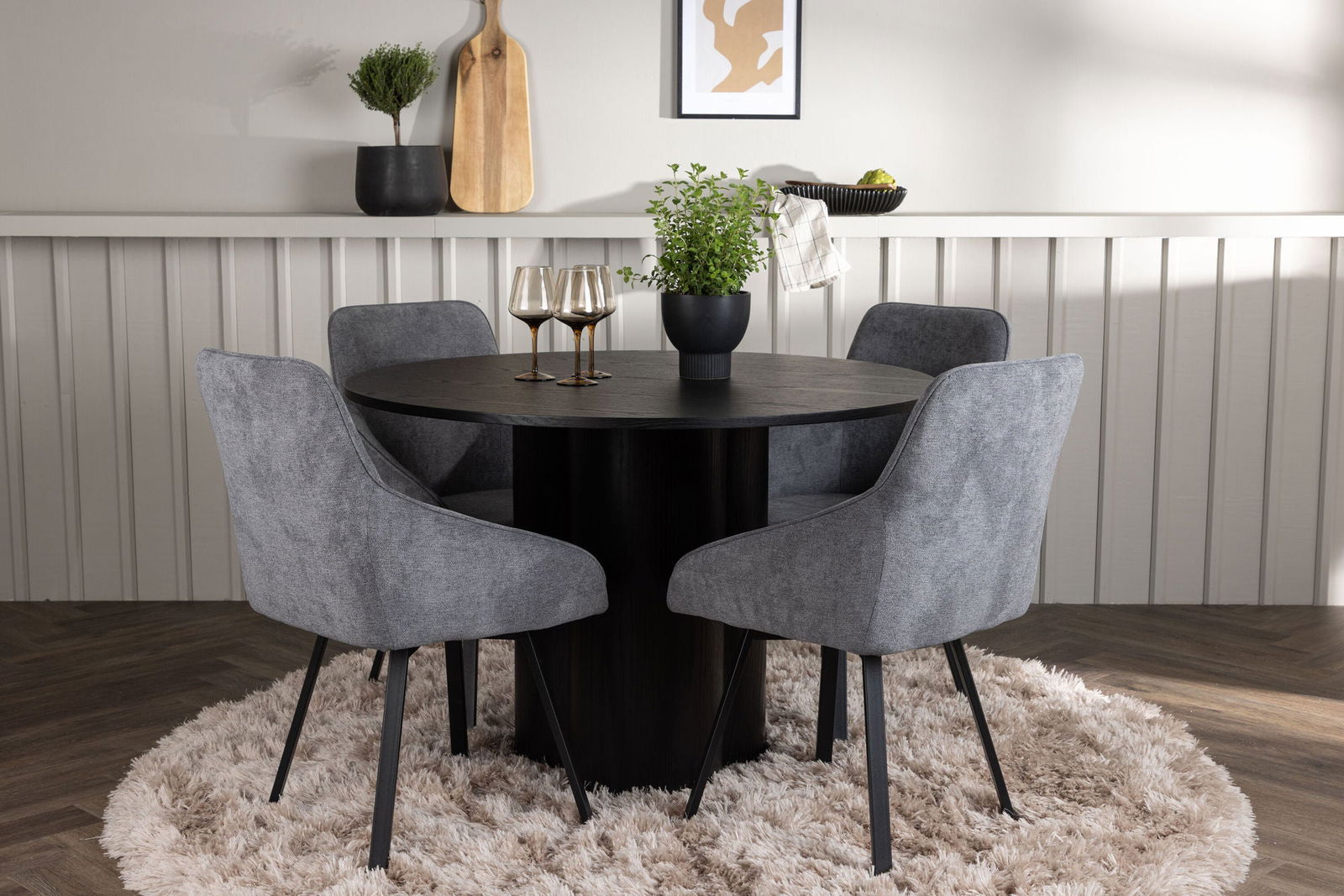 Venture Home Olivia Dining Table - Black / Black Veneer +Rosie Dining Chair - Black / Dark grey Fabric _4 - vivahabitat.com