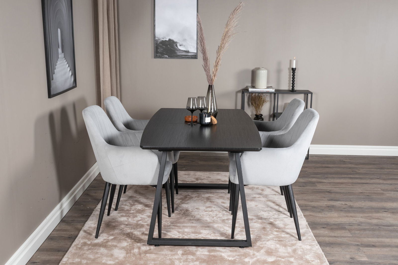 Venture Home Inca Extentiontable - Black top / black Legs +Comfort Dining Chair - Black Legs / Light Grey Corduroy _4 - vivahabitat.com