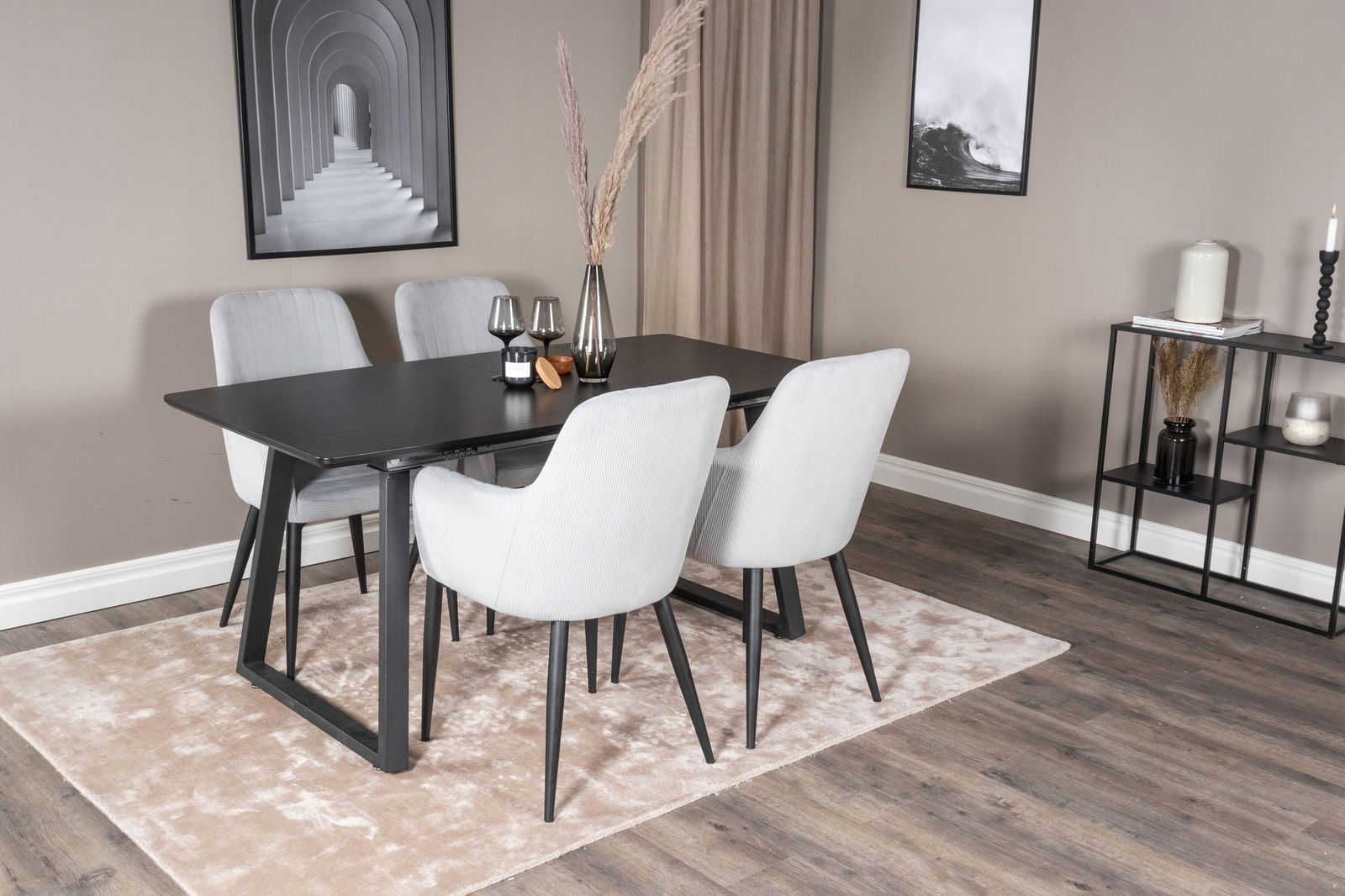 Venture Home Inca Extentiontable - Black top / black Legs +Comfort Dining Chair - Black Legs / Light Grey Corduroy _4 - vivahabitat.com