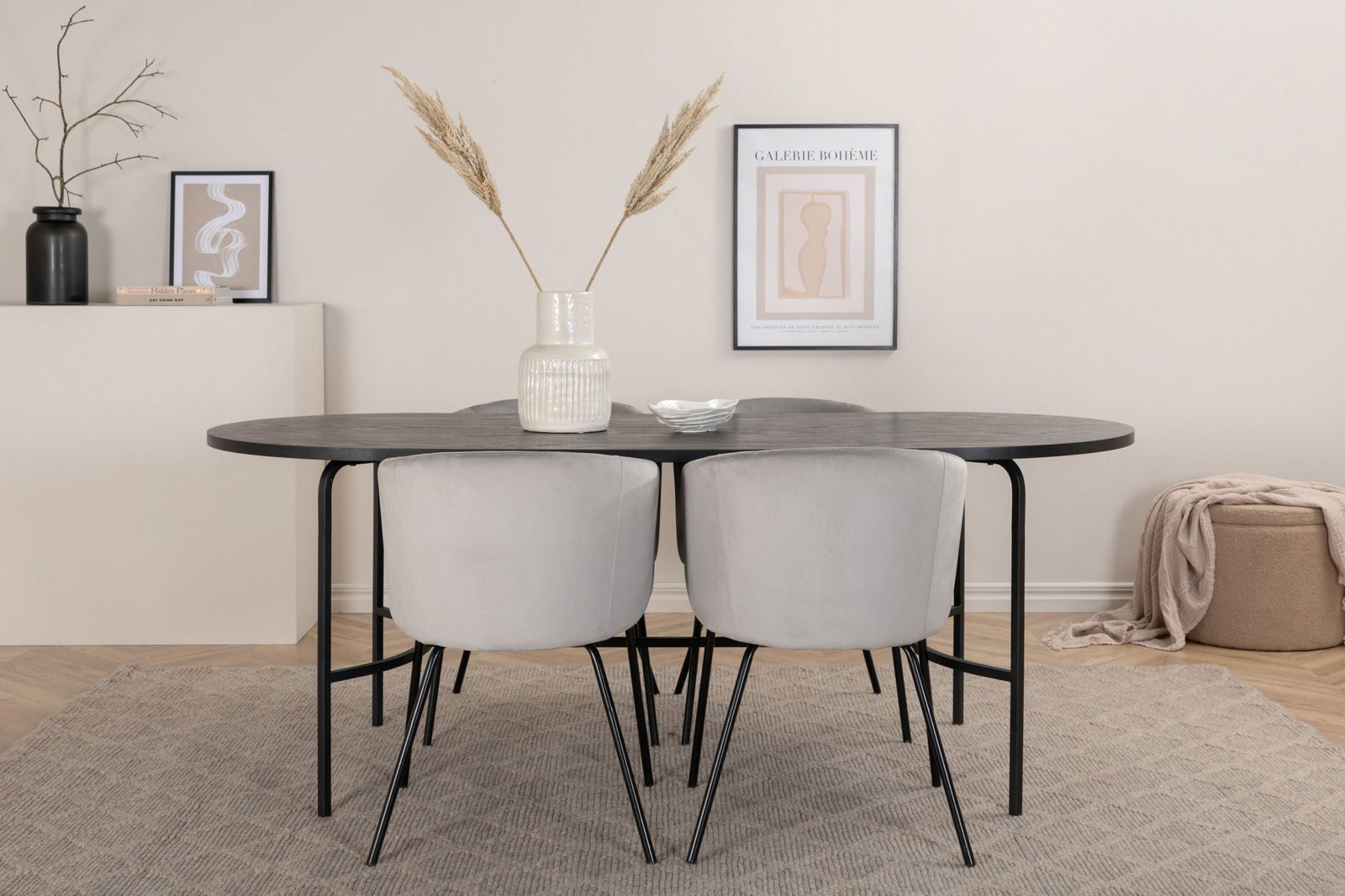 Venture Home Skate Oval Dining Table - Black / Black Veneer+Berit Chair - Black / Light Grey Velvet_4 - vivahabitat.com