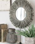 Mirror On Foot Round Reed Raffia Grey - vivahabitat.com