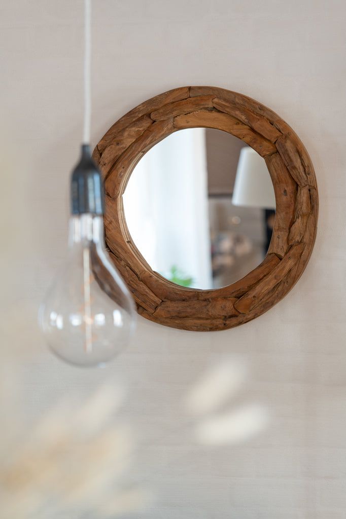 Mirror Round Pieces Teak Wood Natural Small - vivahabitat.com