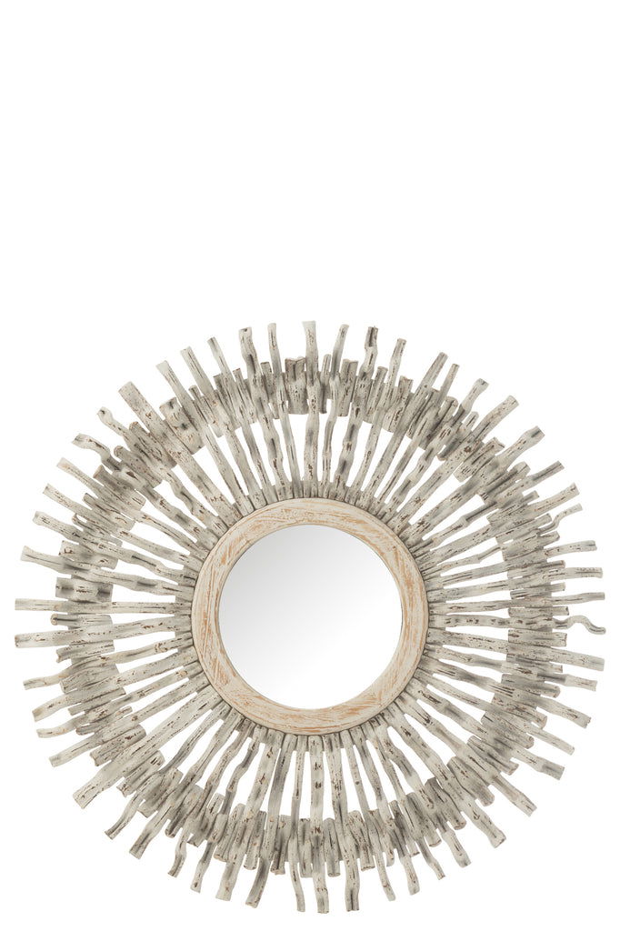 Mirror Round Sun Wood Washed White - vivahabitat.com