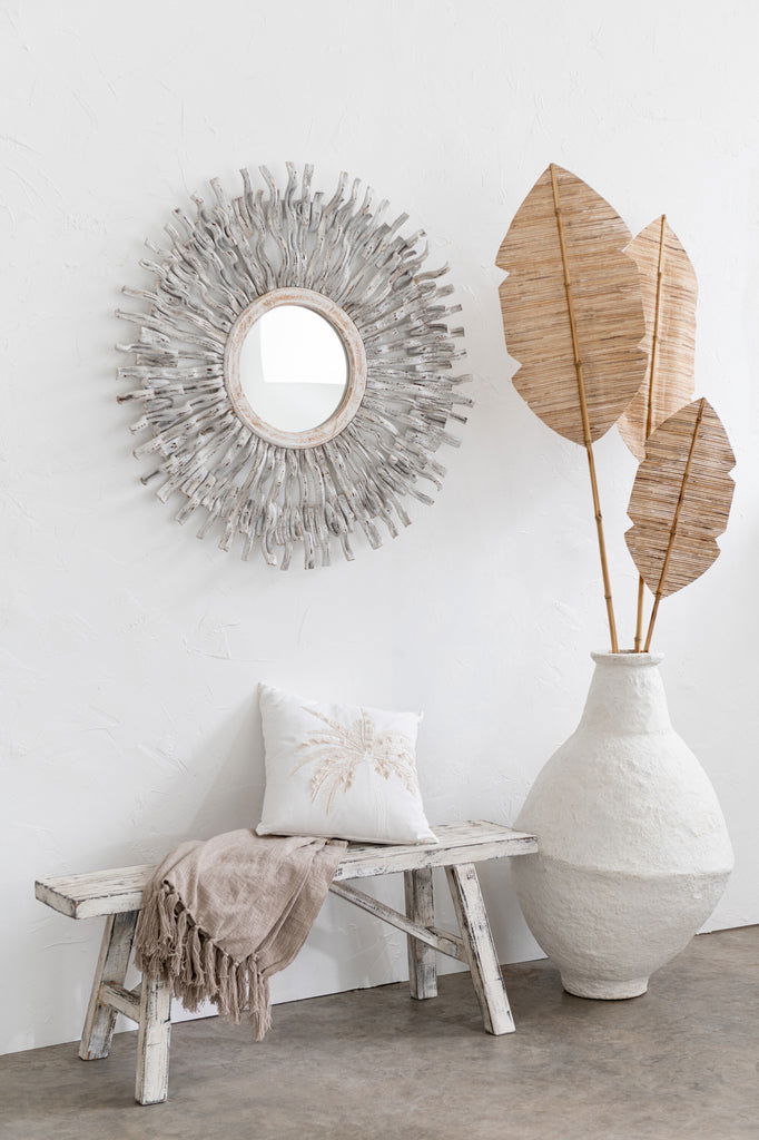 Mirror Round Sun Wood Washed White - vivahabitat.com