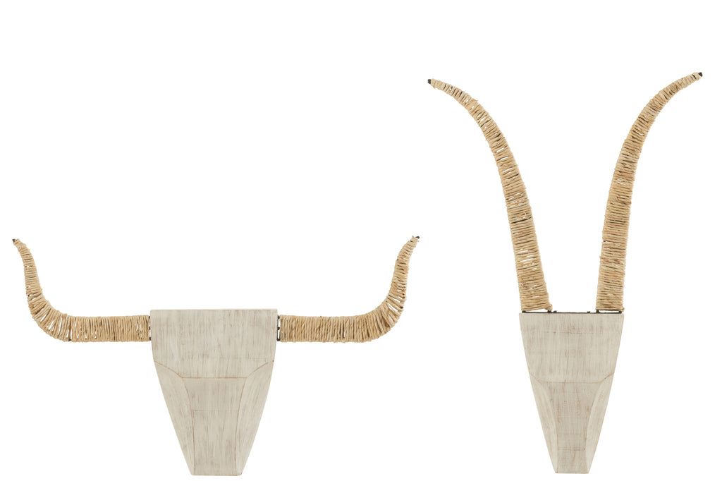 Set Of Two Wall Decoration Bull Fir Wood/Reed White/Natural - vivahabitat.com