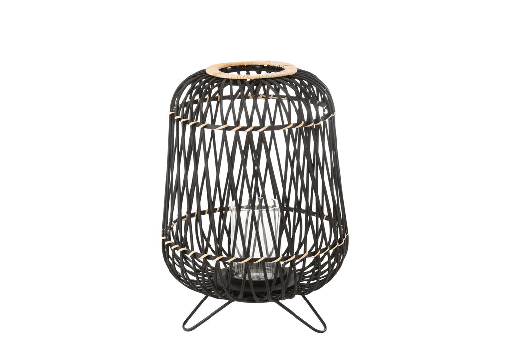 Candle Holder Lantern On Foot Bamboo Black/Natural Medium - vivahabitat.com