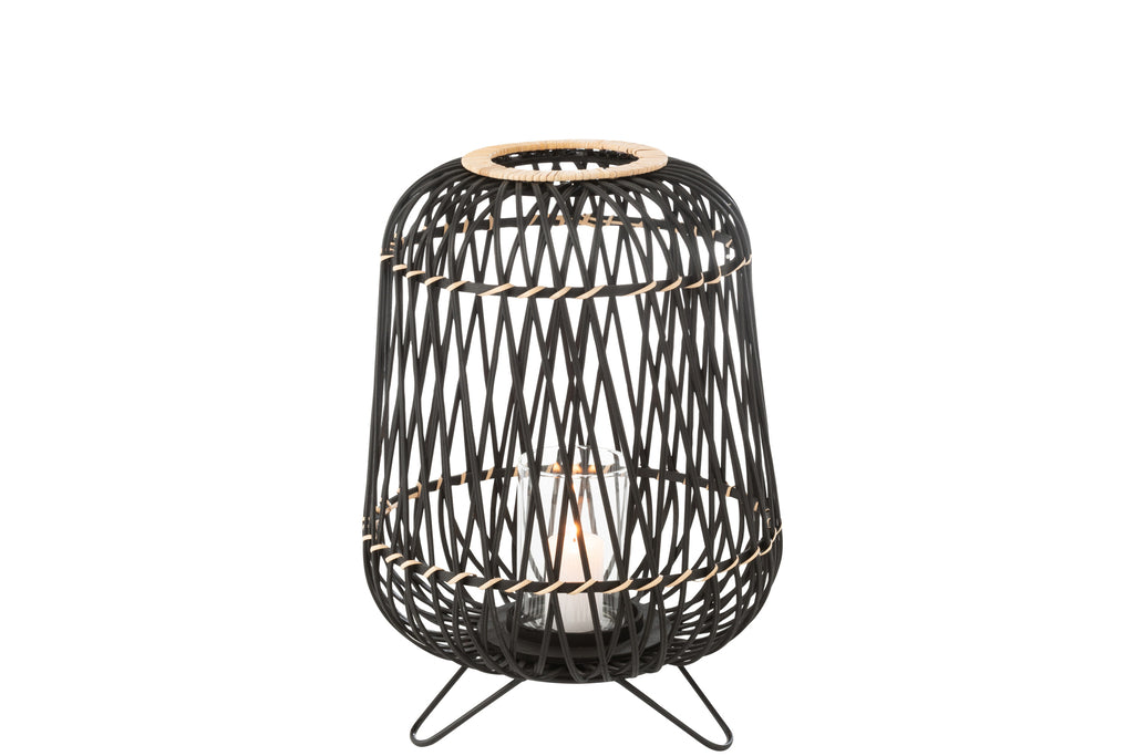 Candle Holder Lantern On Foot Bamboo Black/Natural Medium - vivahabitat.com