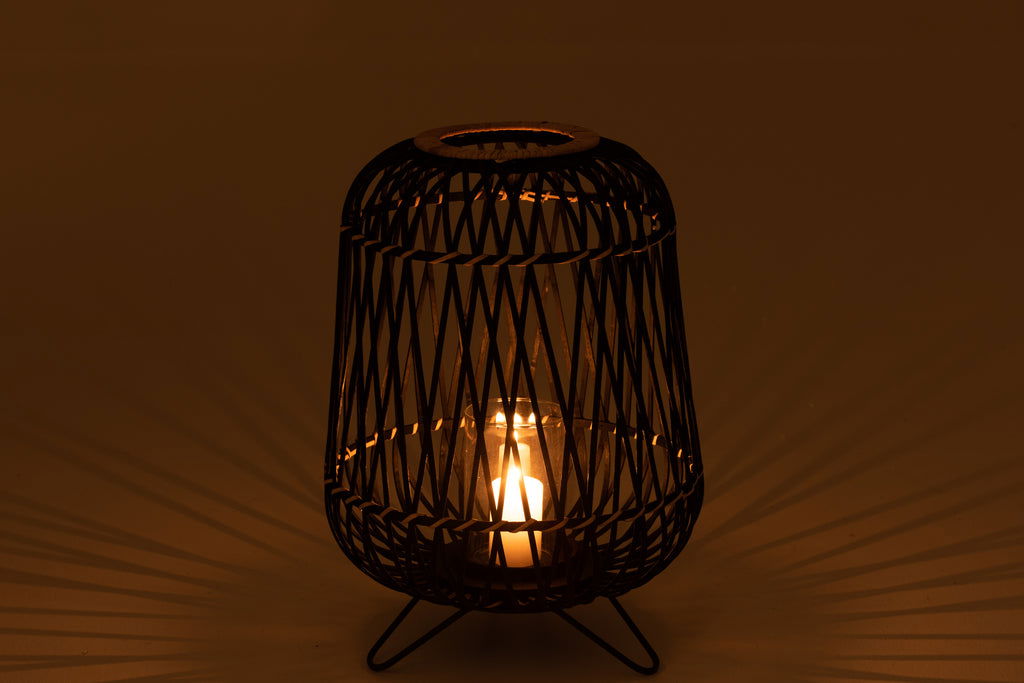 Candle Holder Lantern On Foot Bamboo Black/Natural Medium - vivahabitat.com