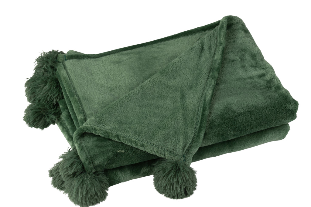 Plaid Throw Blanket Pompom Polyester Dark Green - vivahabitat.com