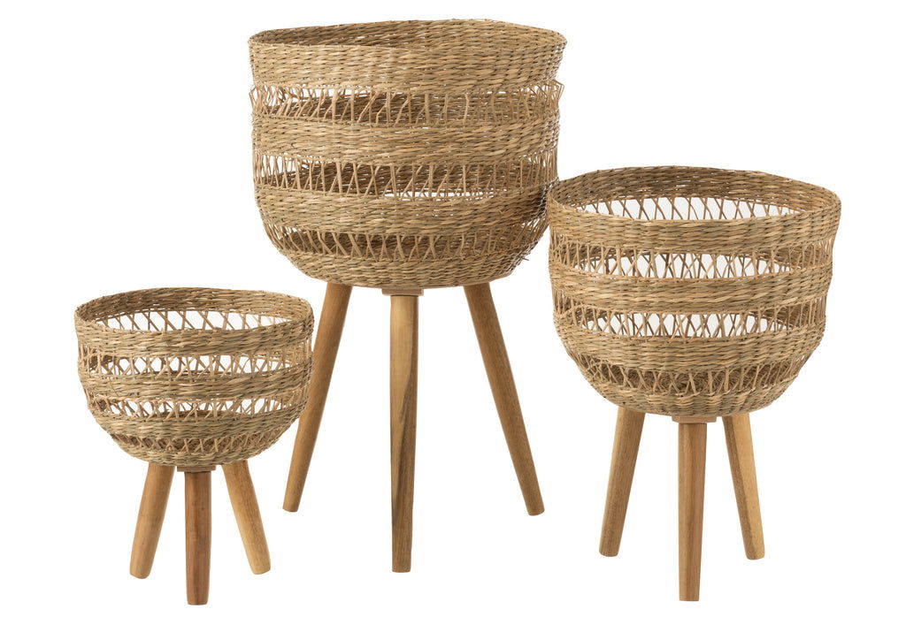 Set Of 3 Baskets On Tripod Seagrass Natural - vivahabitat.com