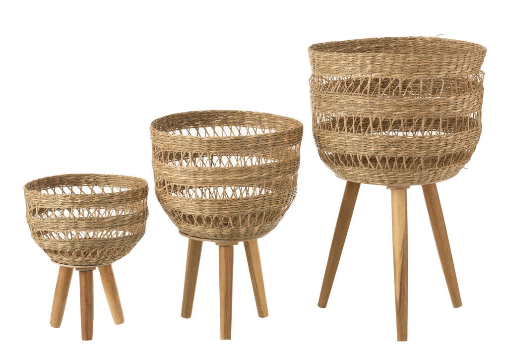 Set Of 3 Baskets On Tripod Seagrass Natural - vivahabitat.com