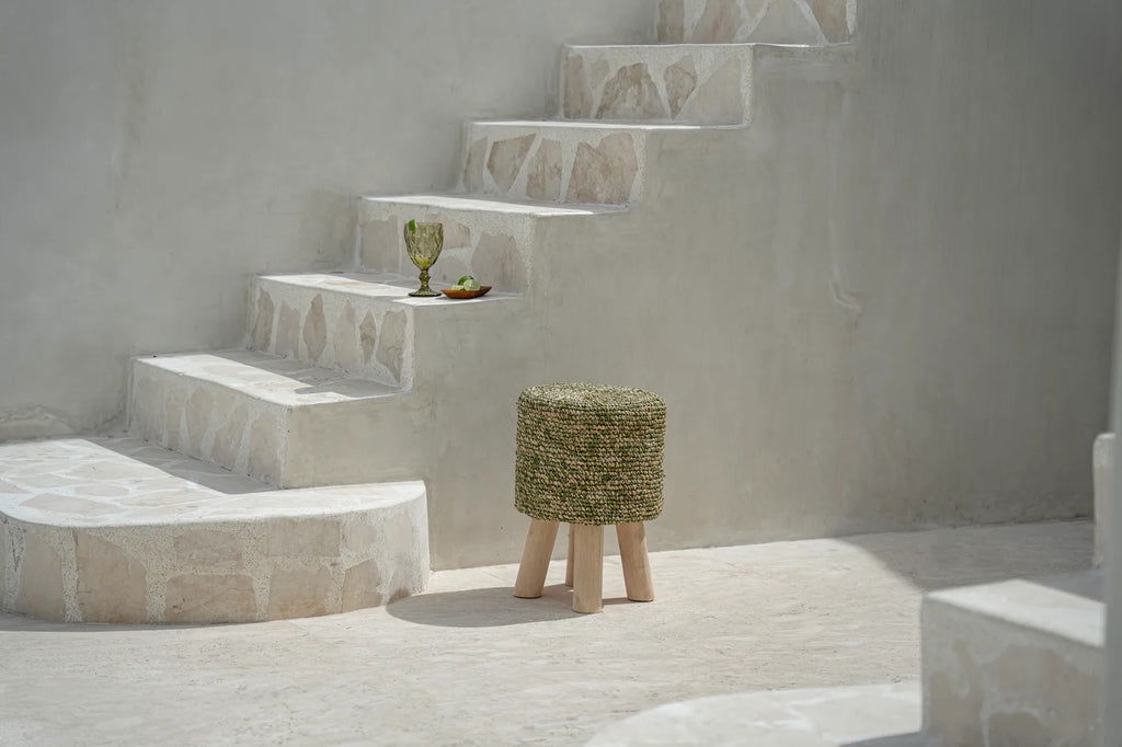 The Raffia Tressed Stool - Jungle Green - vivahabitat.com