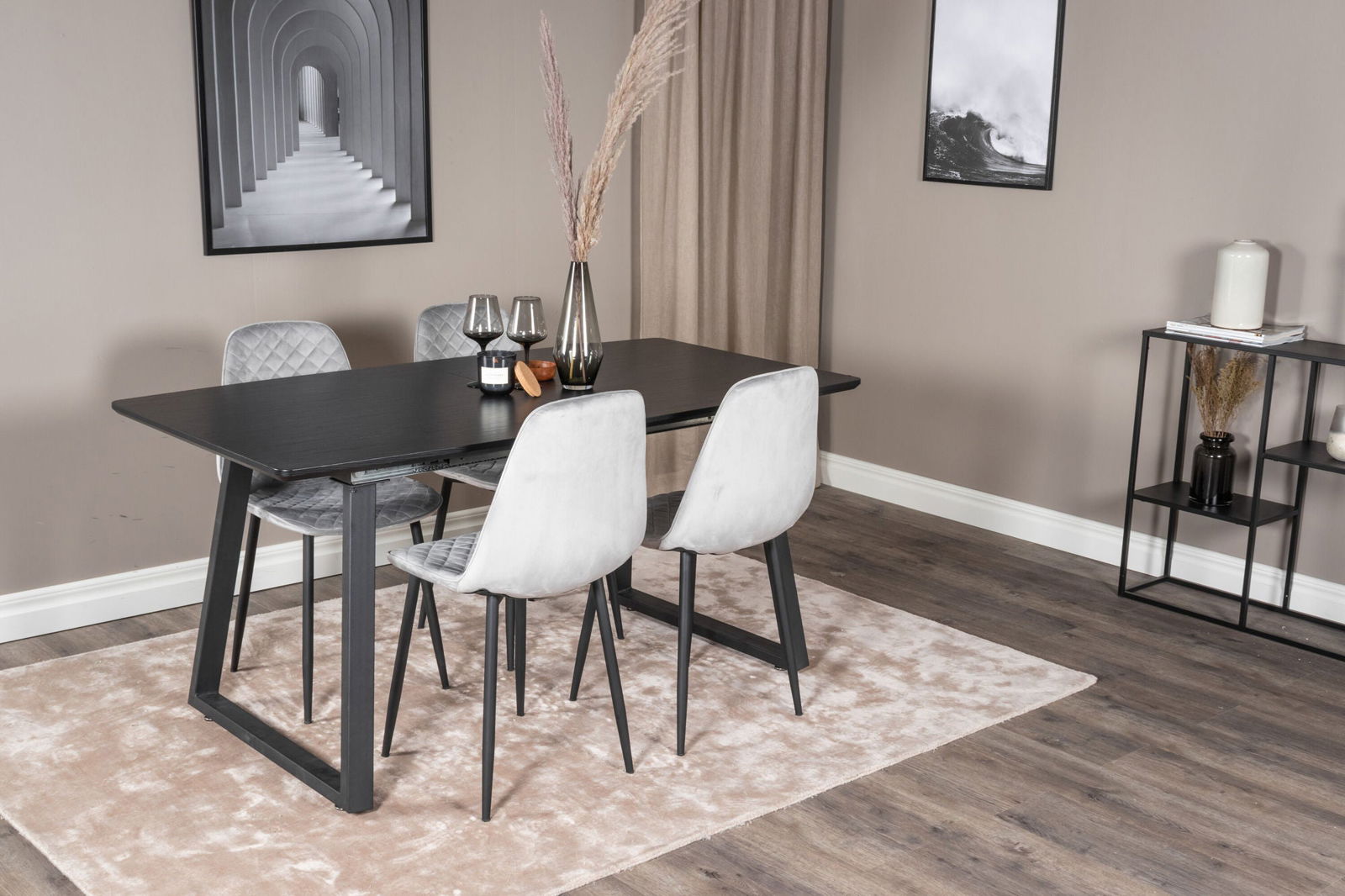 Venture Home Inca Extentiontable - Black top / black Legs+Polar Diamond Dining Chair - Black Legs - Grey Velvet_4 - vivahabitat.com