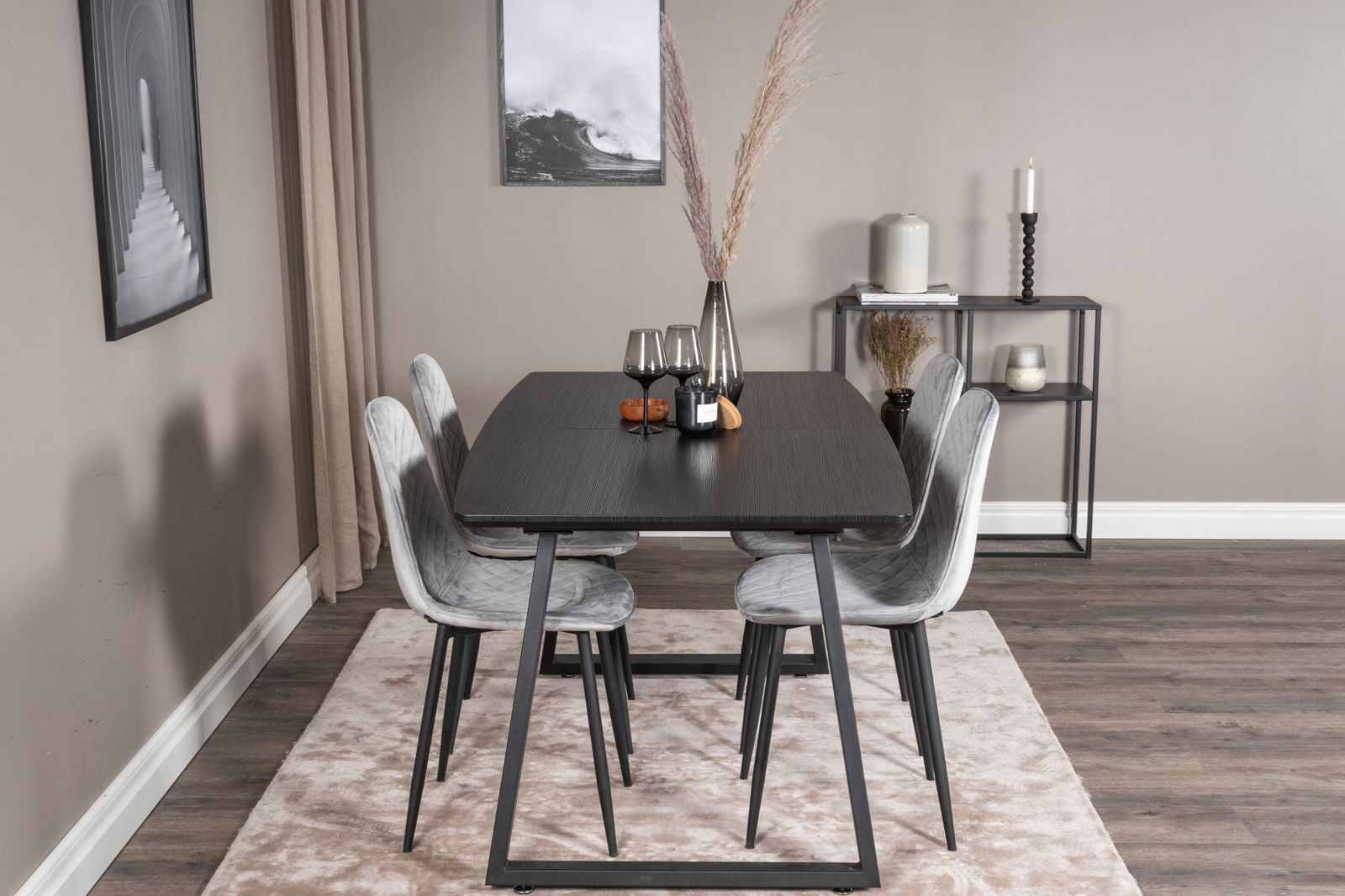 Venture Home Inca Extentiontable - Black top / black Legs+Polar Diamond Dining Chair - Black Legs - Grey Velvet_4 - vivahabitat.com