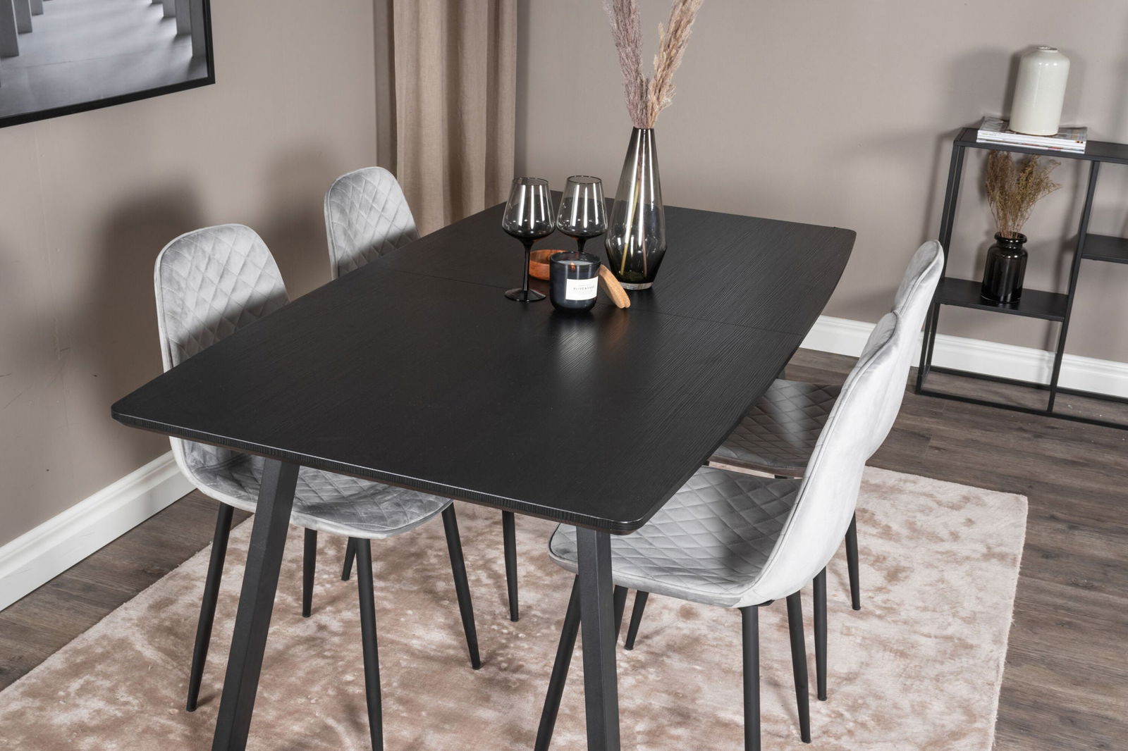 Venture Home Inca Extentiontable - Black top / black Legs+Polar Diamond Dining Chair - Black Legs - Grey Velvet_4 - vivahabitat.com