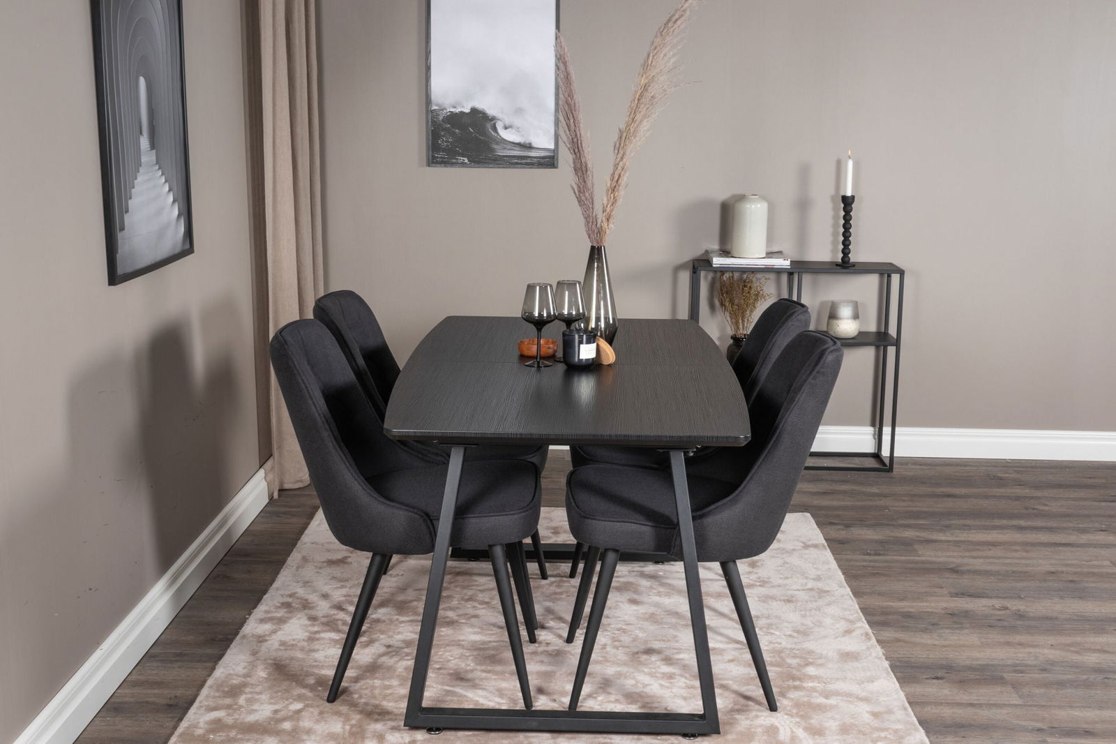 Venture Home Inca Extentiontable - Black top / black Legs+Velvet Deluxe Dining Chair - Black Legs - Black Fabric_4 - vivahabitat.com