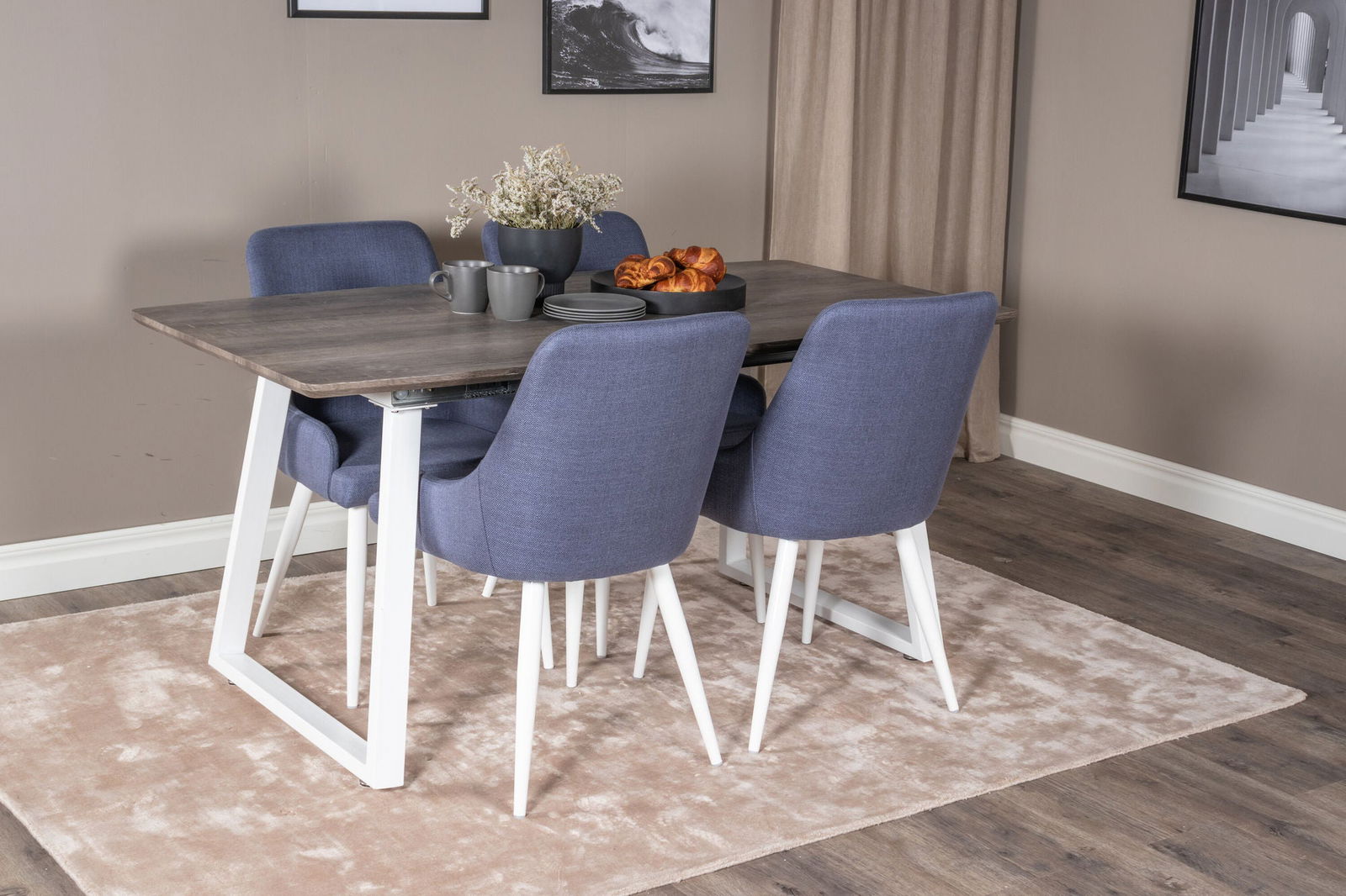 Venture Home Inca Extentiontable - grey "oak" / white Legs+Plaza Dining Chair - White Legs - Blue Fabric_4 - vivahabitat.com