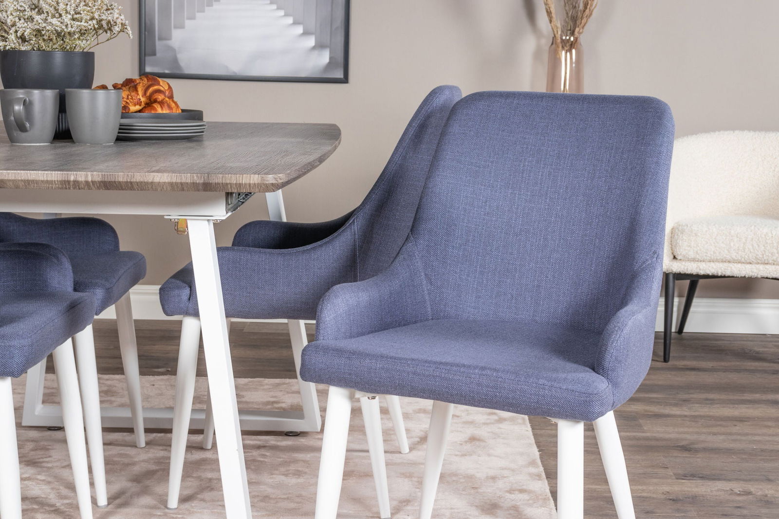 Venture Home Inca Extentiontable - grey "oak" / white Legs+Plaza Dining Chair - White Legs - Blue Fabric_4 - vivahabitat.com